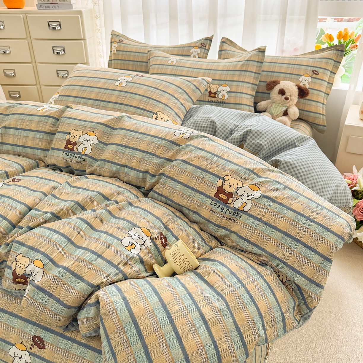 91家纺网 家纺一手货源 找家纺 壹贝家纺 2026新款小清新纯棉印花四件套系列 自拍小狗