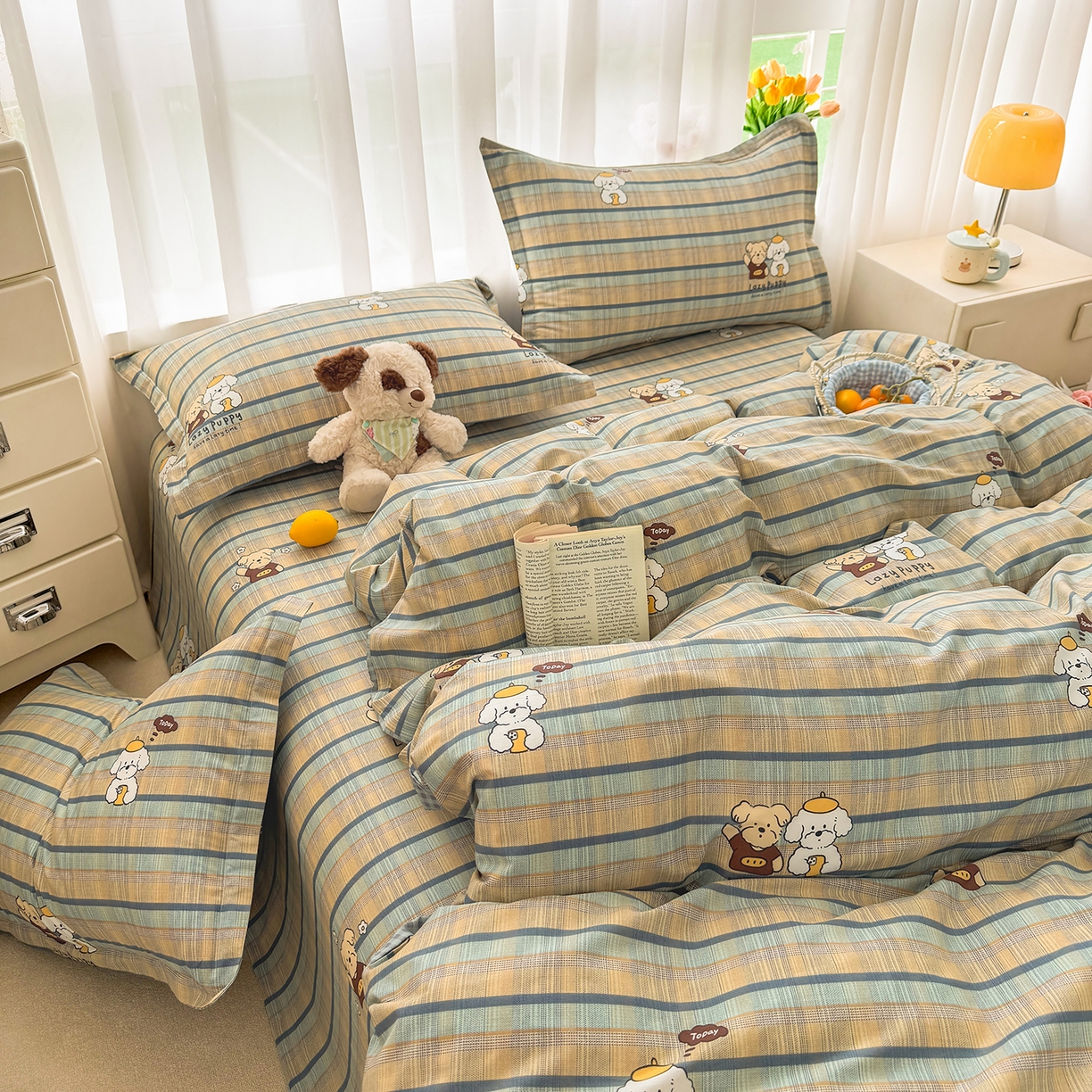 91家纺网 家纺一手货源 找家纺 壹贝家纺 2026新款小清新纯棉印花四件套系列 自拍小狗