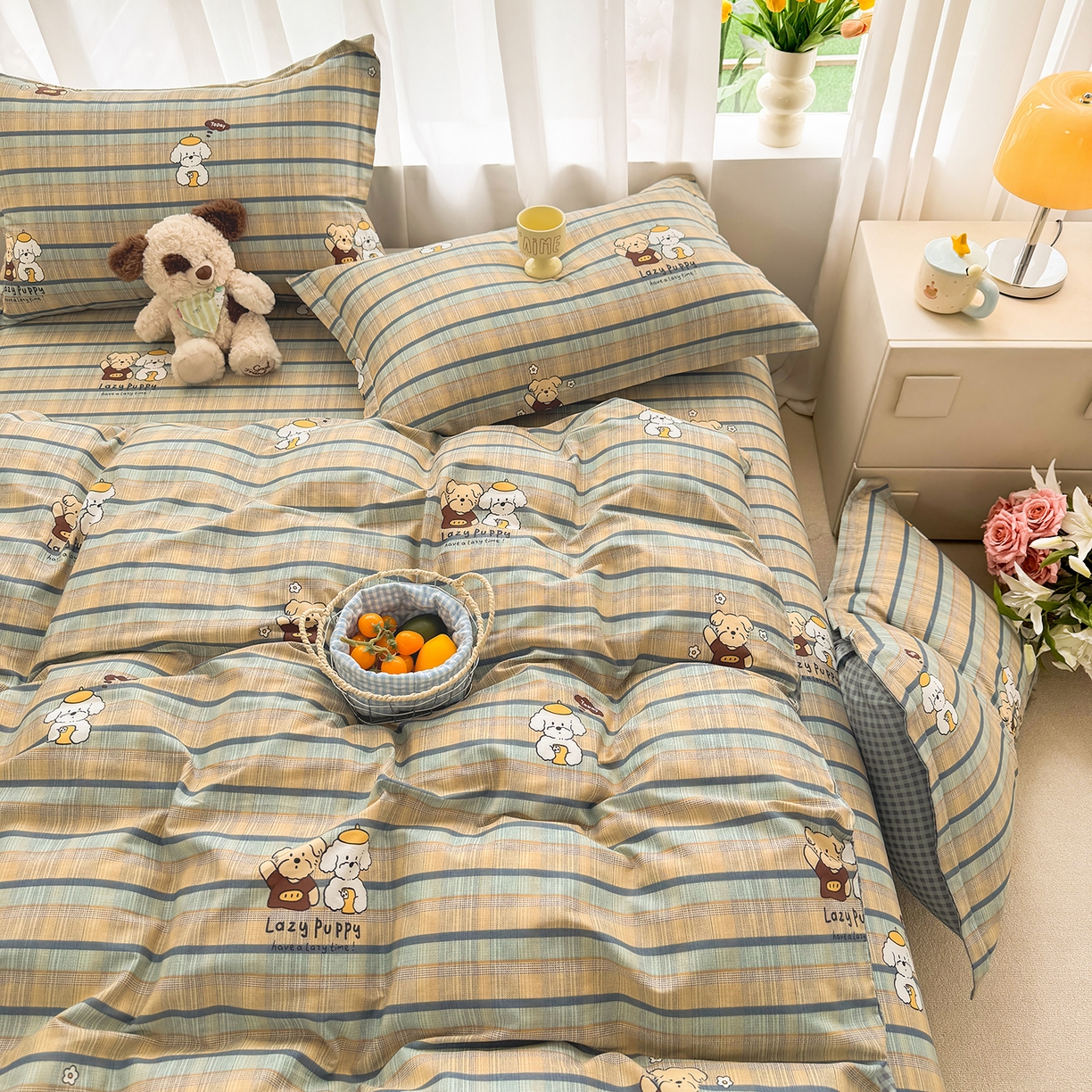 91家纺网 家纺一手货源 找家纺 壹贝家纺 2026新款小清新纯棉印花四件套系列 自拍小狗