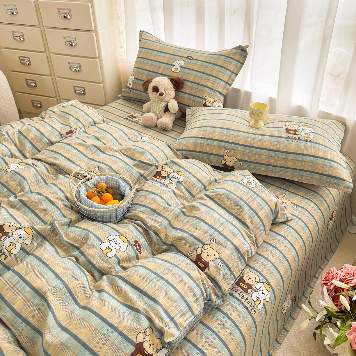 91家纺网 家纺一手货源 找家纺 壹贝家纺 2026新款小清新纯棉印花四件套系列 自拍小狗