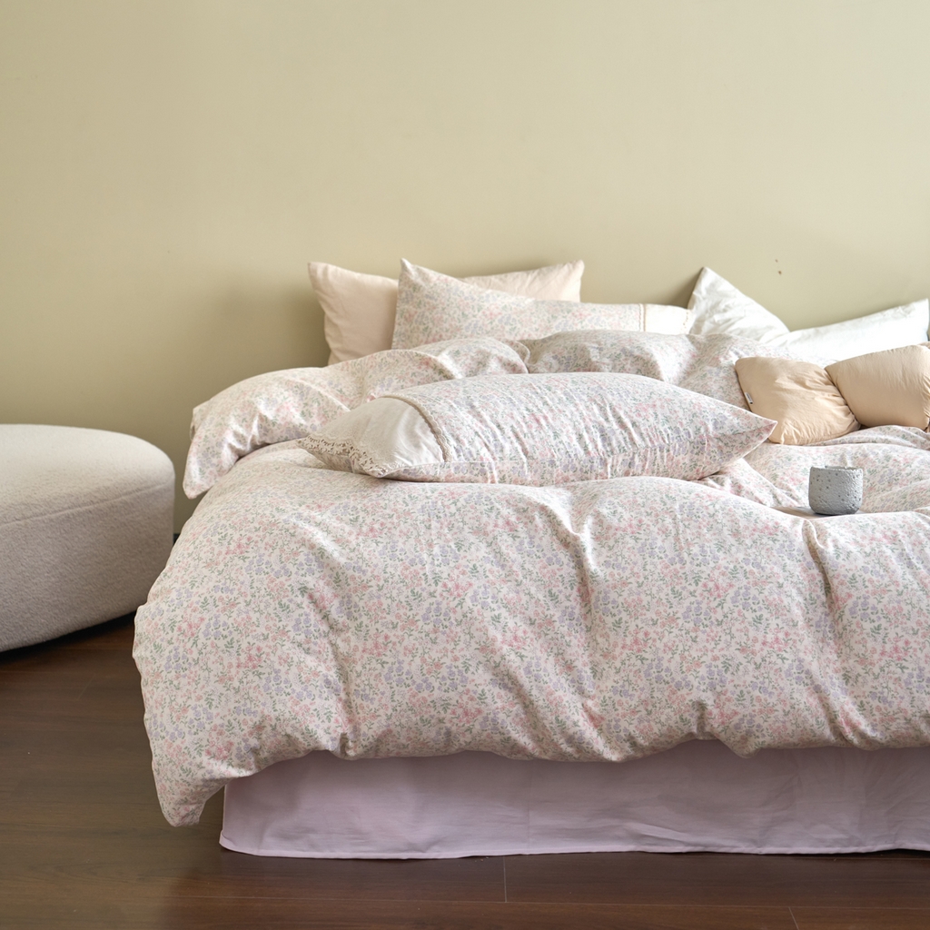 91家纺网 家纺一手货源 找家纺 洋铭区（原狠狠爱） 2026新款全棉纯棉双层纱刺绣蕾丝花边件套 花语香香