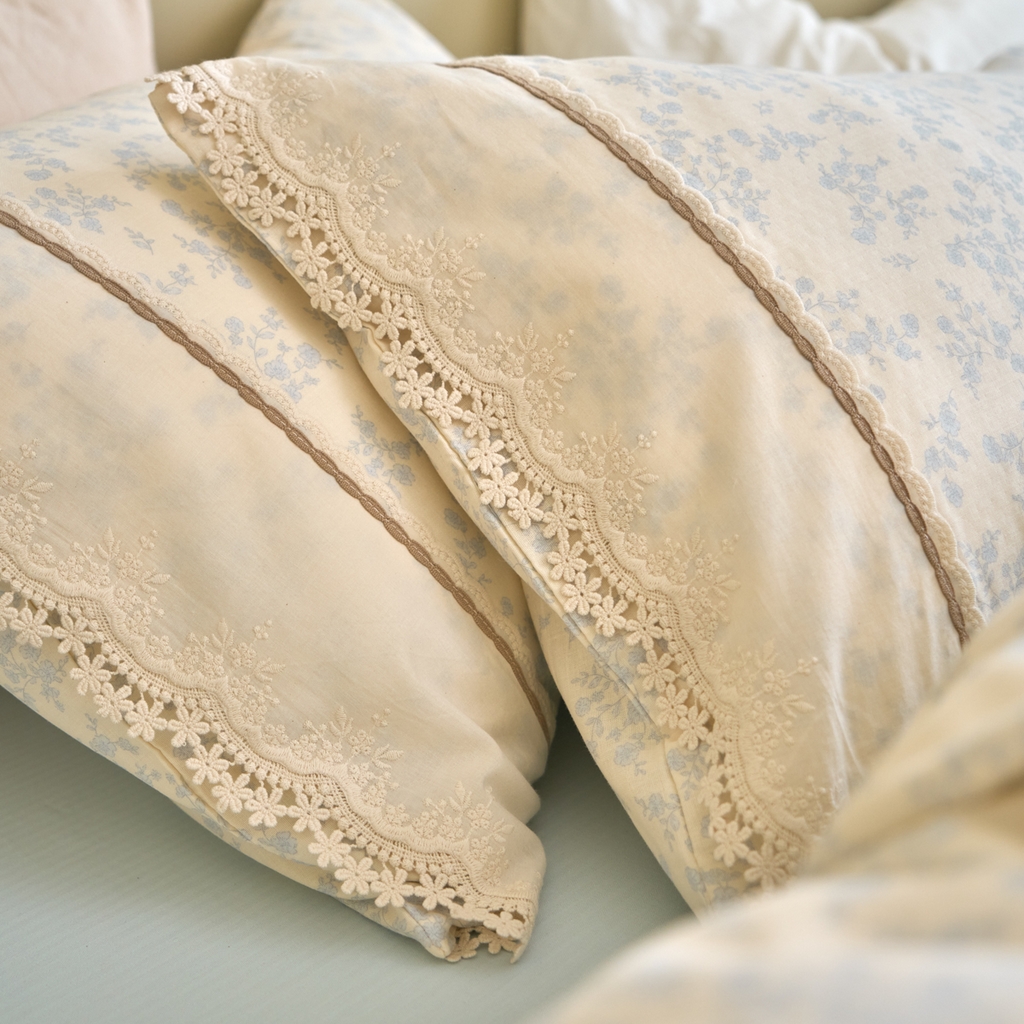 91家纺网 家纺一手货源 找家纺 洋铭区（原狠狠爱） 2026新款全棉纯棉双层纱刺绣蕾丝花边件套 蓓蕾兰花