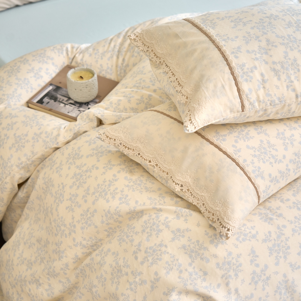 91家纺网 家纺一手货源 找家纺 洋铭区（原狠狠爱） 2026新款全棉纯棉双层纱刺绣蕾丝花边件套 蓓蕾兰花