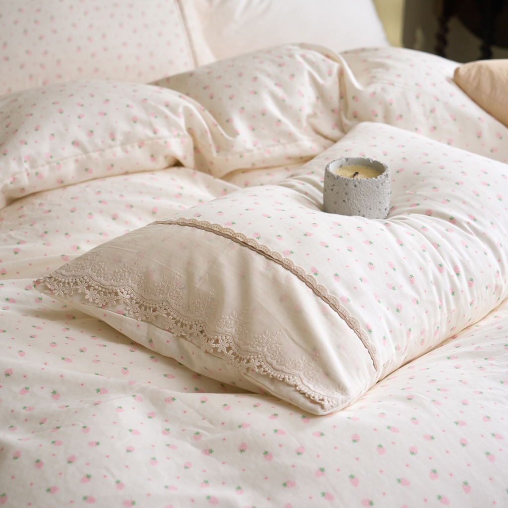 91家纺网 家纺一手货源 找家纺 洋铭区（原狠狠爱） 2026新款全棉纯棉双层纱刺绣蕾丝花边件套 草莓味