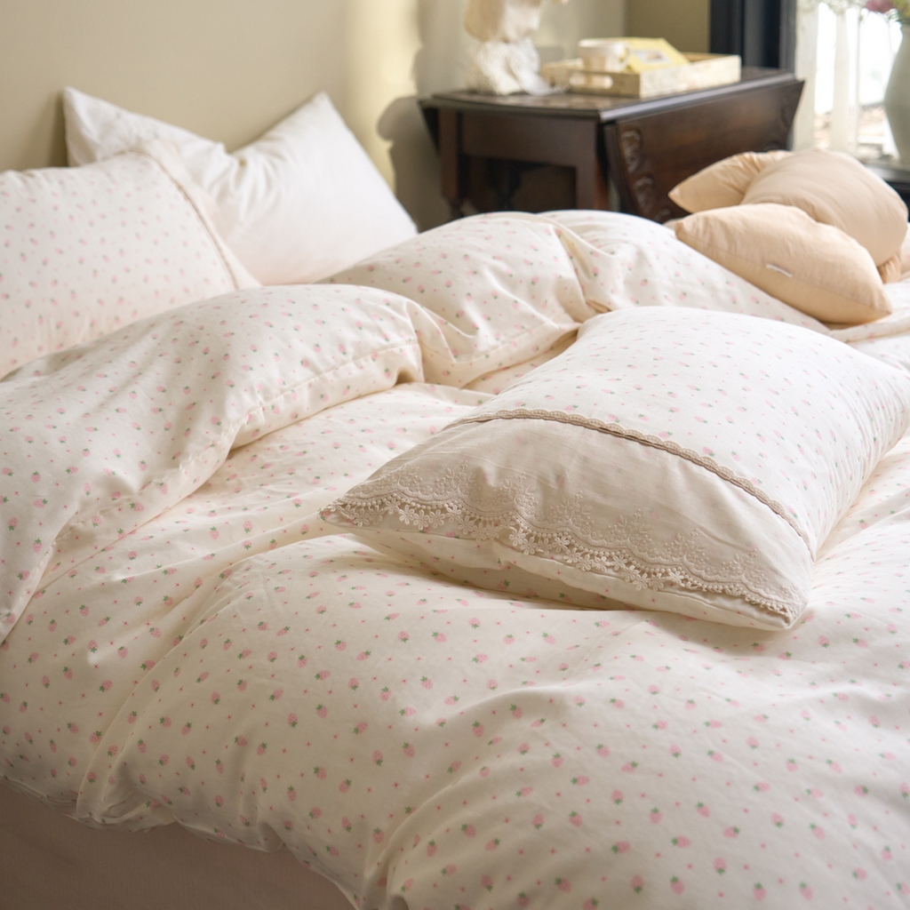 91家纺网 家纺一手货源 找家纺 洋铭区（原狠狠爱） 2026新款全棉纯棉双层纱刺绣蕾丝花边件套 草莓味