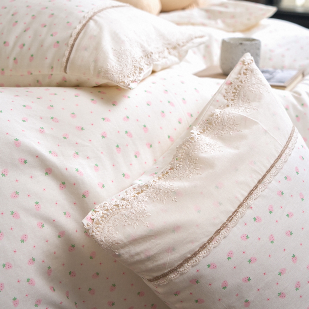 91家纺网 家纺一手货源 找家纺 洋铭区（原狠狠爱） 2026新款全棉纯棉双层纱刺绣蕾丝花边件套 草莓味