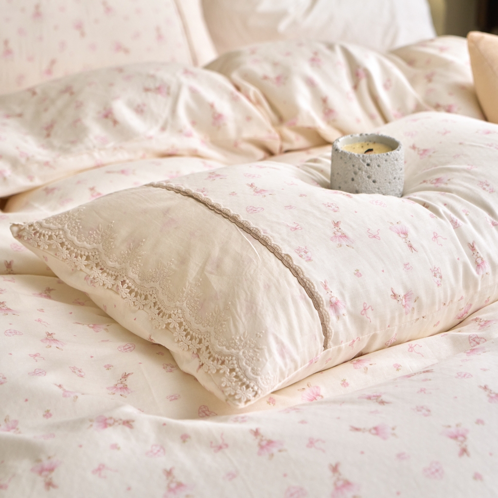 91家纺网 家纺一手货源 找家纺 洋铭区（原狠狠爱） 2026新款全棉纯棉双层纱刺绣蕾丝花边件套 蝴蝶粉兔