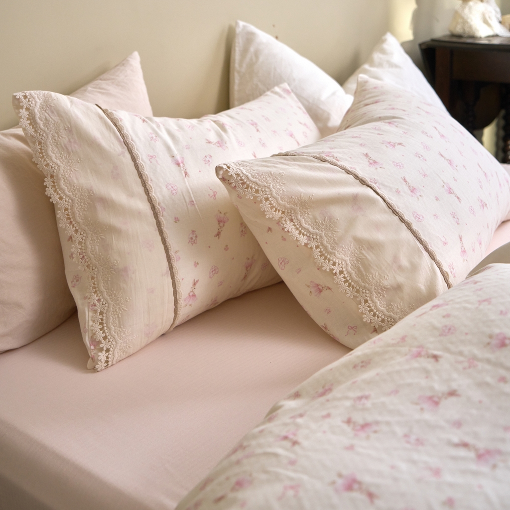 91家纺网 家纺一手货源 找家纺 洋铭区（原狠狠爱） 2026新款全棉纯棉双层纱刺绣蕾丝花边件套 蝴蝶粉兔