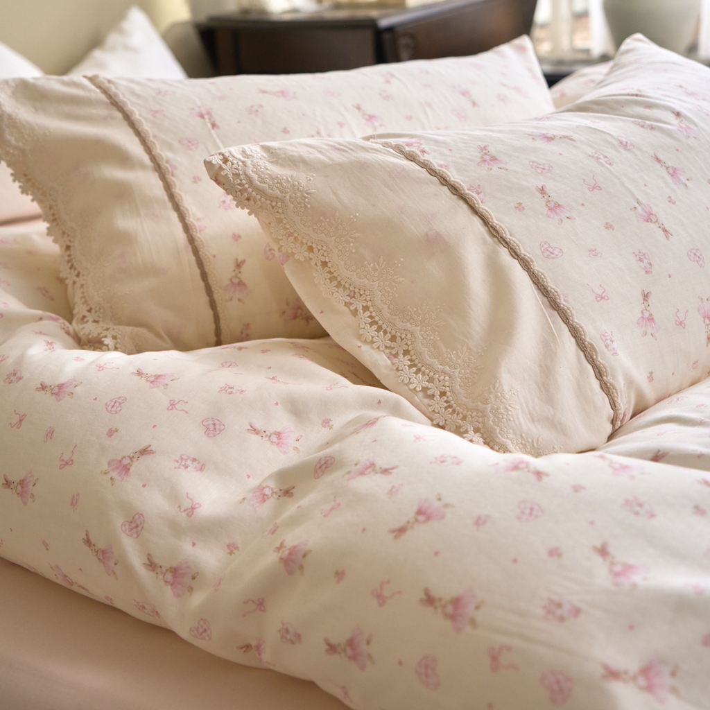 91家纺网 家纺一手货源 找家纺 洋铭区（原狠狠爱） 2026新款全棉纯棉双层纱刺绣蕾丝花边件套 蝴蝶粉兔