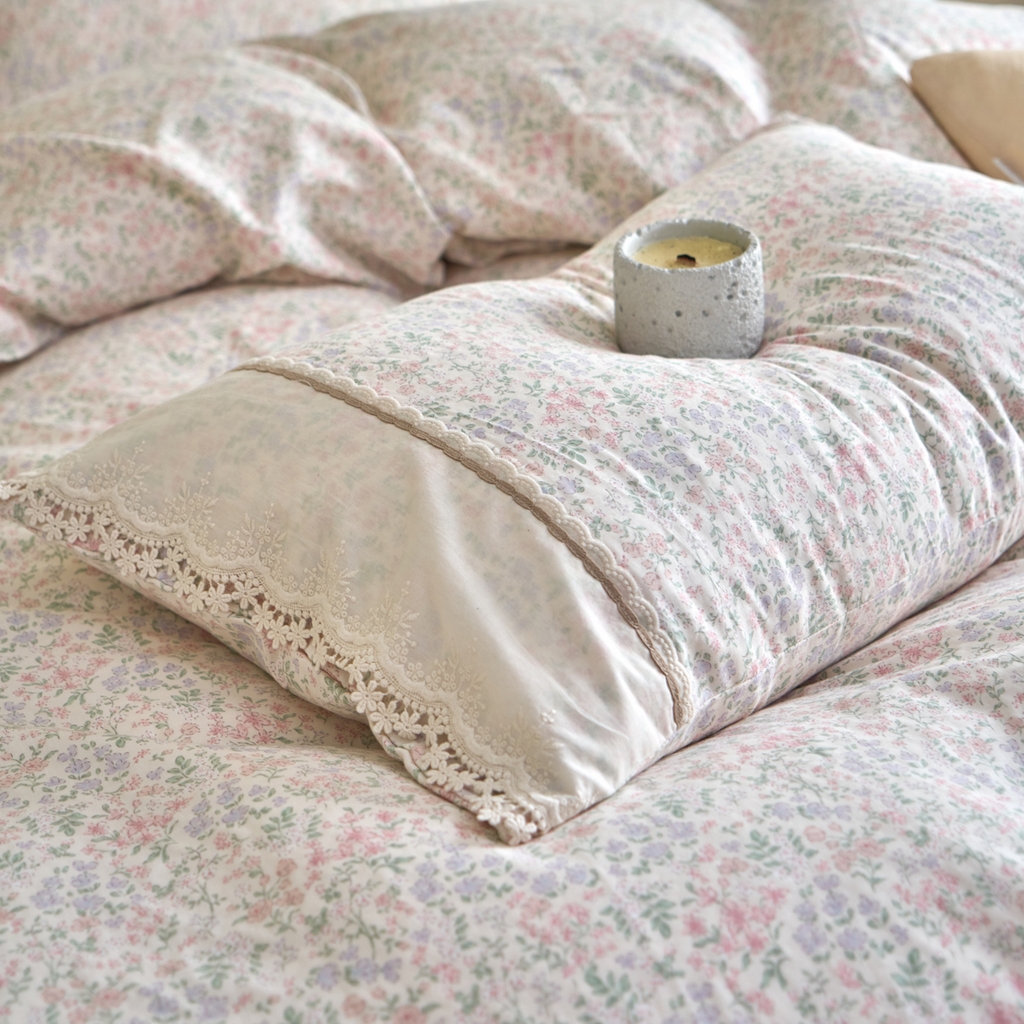 91家纺网 家纺一手货源 找家纺 洋铭区（原狠狠爱） 2026新款全棉纯棉双层纱刺绣蕾丝花边件套 花语香香