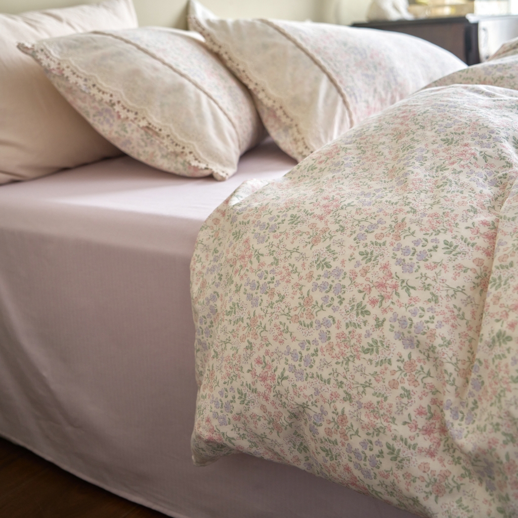 91家纺网 家纺一手货源 找家纺 洋铭区（原狠狠爱） 2026新款全棉纯棉双层纱刺绣蕾丝花边件套 花语香香