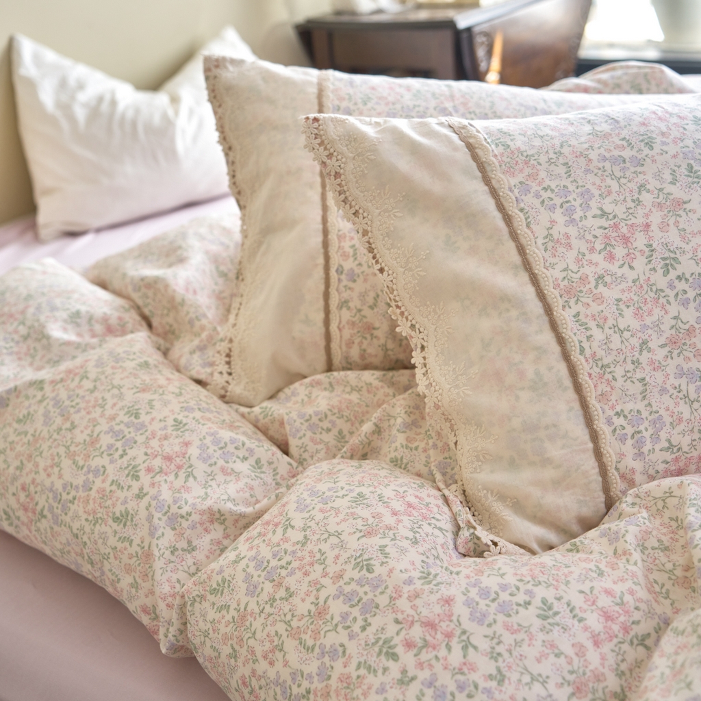 91家纺网 家纺一手货源 找家纺 洋铭区（原狠狠爱） 2026新款全棉纯棉双层纱刺绣蕾丝花边件套 花语香香