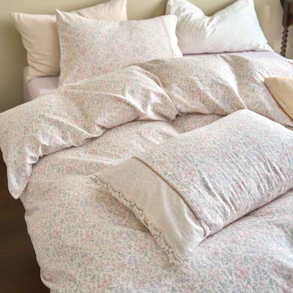 91家纺网 家纺一手货源 找家纺 洋铭区（原狠狠爱） 2026新款全棉纯棉双层纱刺绣蕾丝花边件套 花语香香