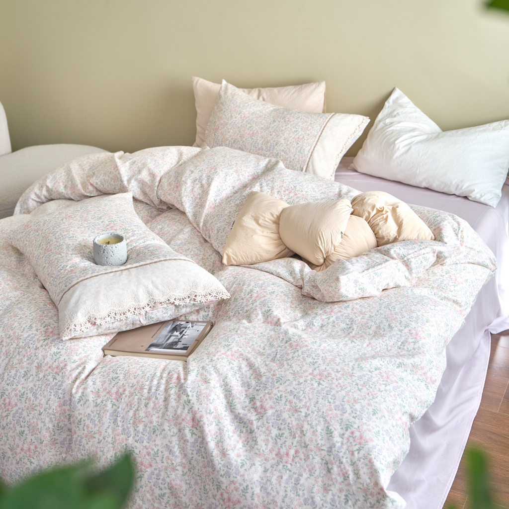 91家纺网 家纺一手货源 找家纺 洋铭区（原狠狠爱） 2026新款全棉纯棉双层纱刺绣蕾丝花边件套 花语香香