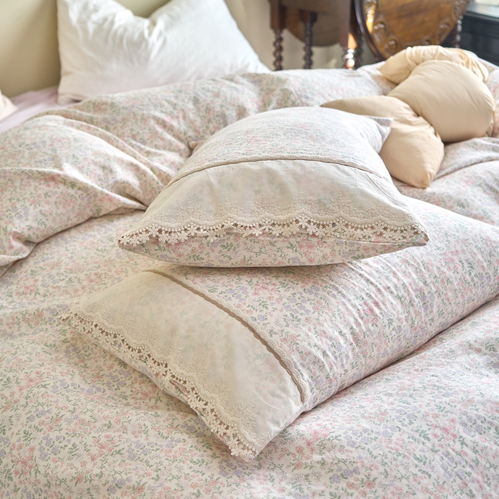 91家纺网 家纺一手货源 找家纺 洋铭区（原狠狠爱） 2026新款全棉纯棉双层纱刺绣蕾丝花边件套 花语香香