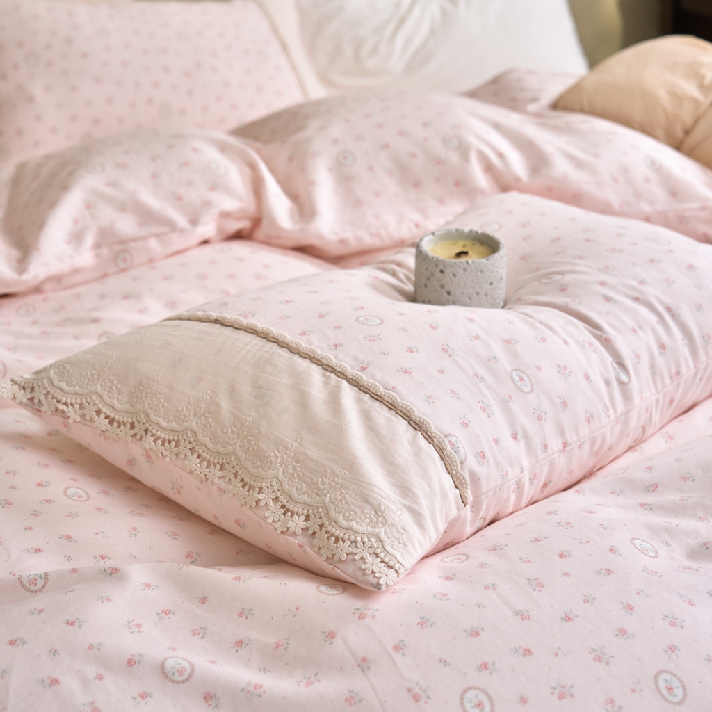 91家纺网 家纺一手货源 找家纺 洋铭区（原狠狠爱） 2026新款全棉纯棉双层纱刺绣蕾丝花边件套 浪漫玫瑰