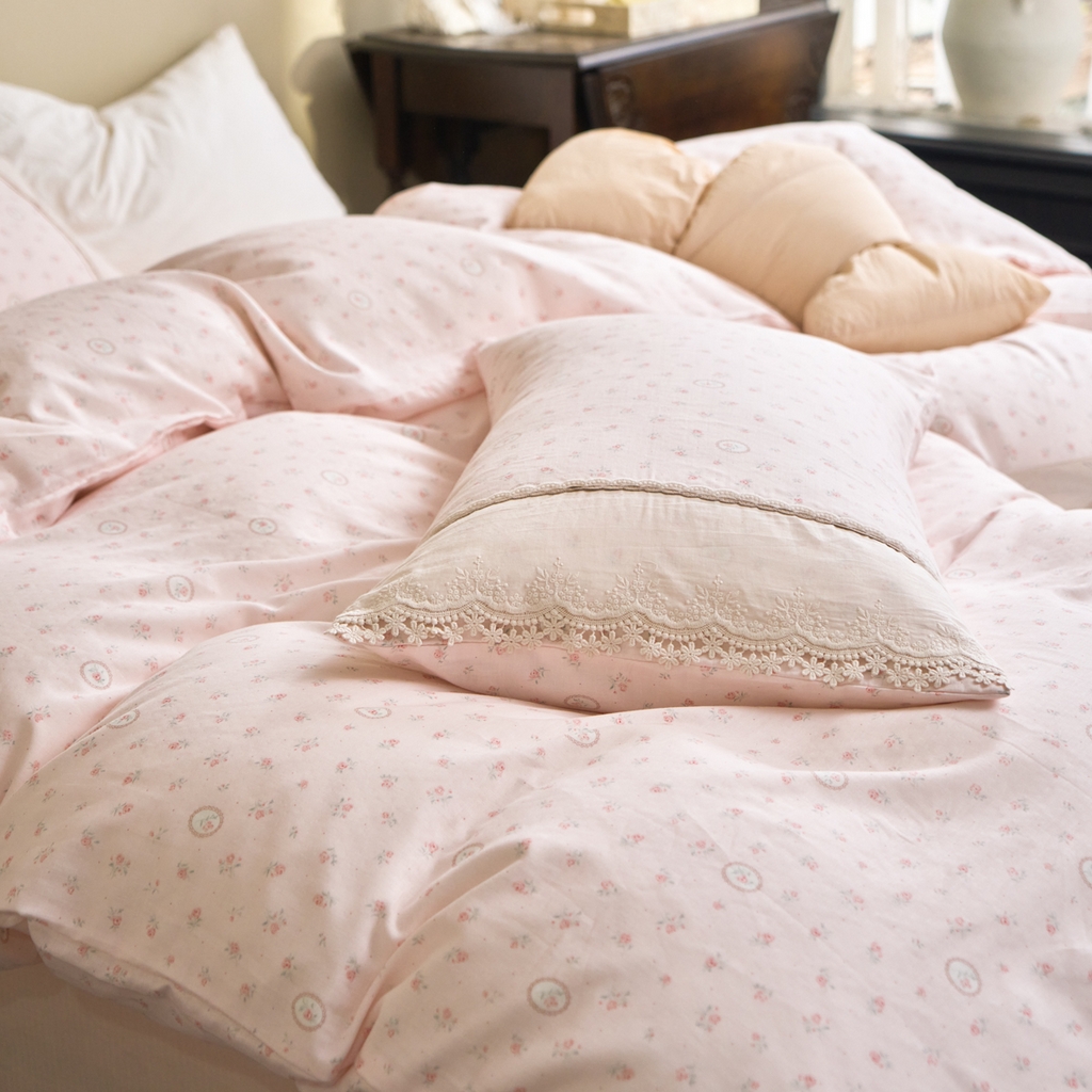 91家纺网 家纺一手货源 找家纺 洋铭区（原狠狠爱） 2026新款全棉纯棉双层纱刺绣蕾丝花边件套 浪漫玫瑰