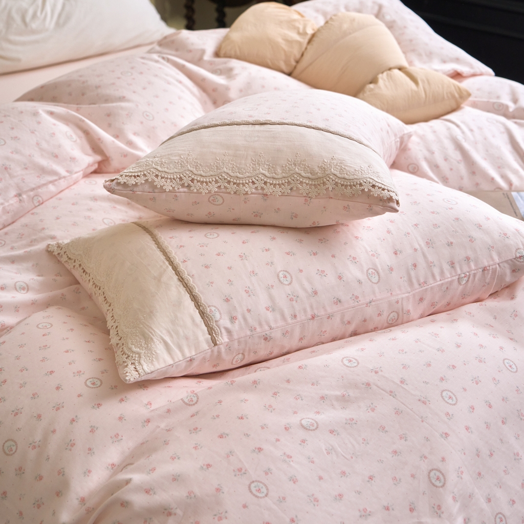 91家纺网 家纺一手货源 找家纺 洋铭区（原狠狠爱） 2026新款全棉纯棉双层纱刺绣蕾丝花边件套 浪漫玫瑰