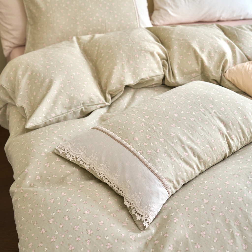 91家纺网 家纺一手货源 找家纺 洋铭区（原狠狠爱） 2026新款全棉纯棉双层纱刺绣蕾丝花边件套 素雅情花