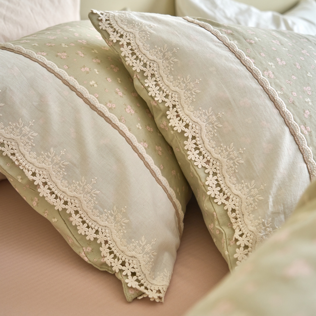 91家纺网 家纺一手货源 找家纺 洋铭区（原狠狠爱） 2026新款全棉纯棉双层纱刺绣蕾丝花边件套 素雅情花