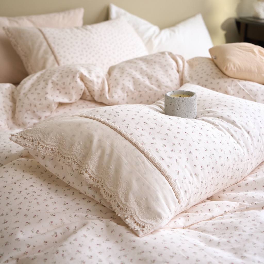 91家纺网 家纺一手货源 找家纺 洋铭区（原狠狠爱） 2026新款全棉纯棉双层纱刺绣蕾丝花边件套 甜甜小花