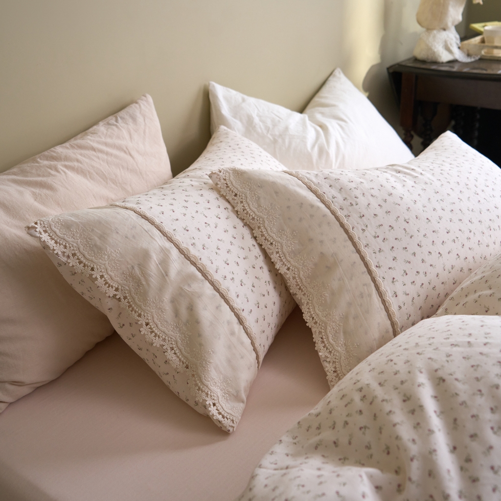 91家纺网 家纺一手货源 找家纺 洋铭区（原狠狠爱） 2026新款全棉纯棉双层纱刺绣蕾丝花边件套 甜甜小花