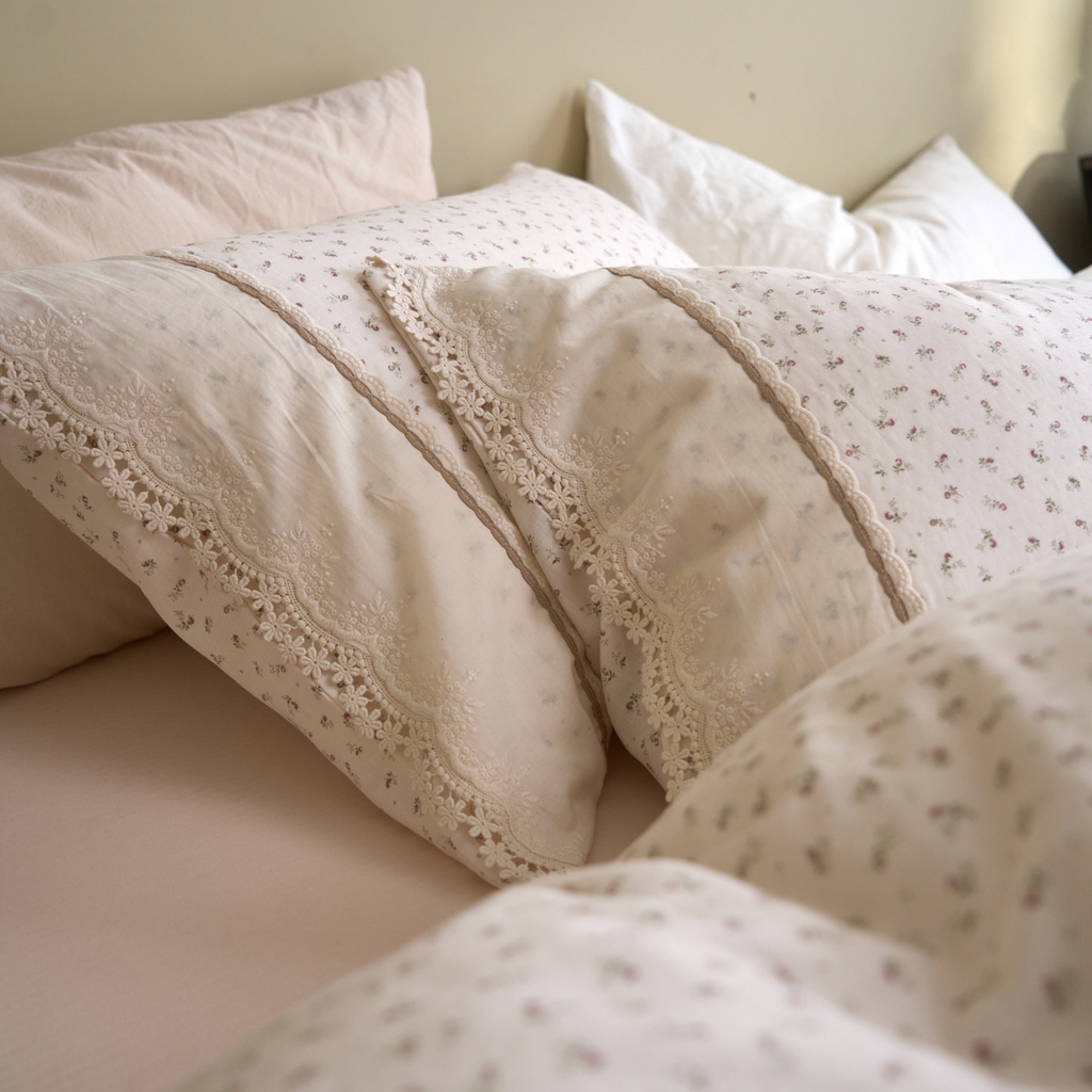 91家纺网 家纺一手货源 找家纺 洋铭区（原狠狠爱） 2026新款全棉纯棉双层纱刺绣蕾丝花边件套 甜甜小花