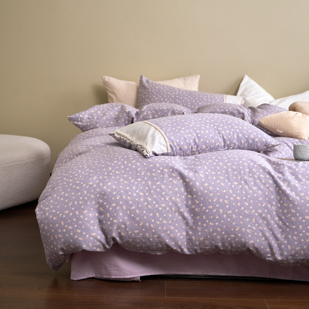 洋铭区（原狠狠爱） 2026新款全棉纯棉双层纱刺绣蕾丝花边件套 紫花蔓蔓