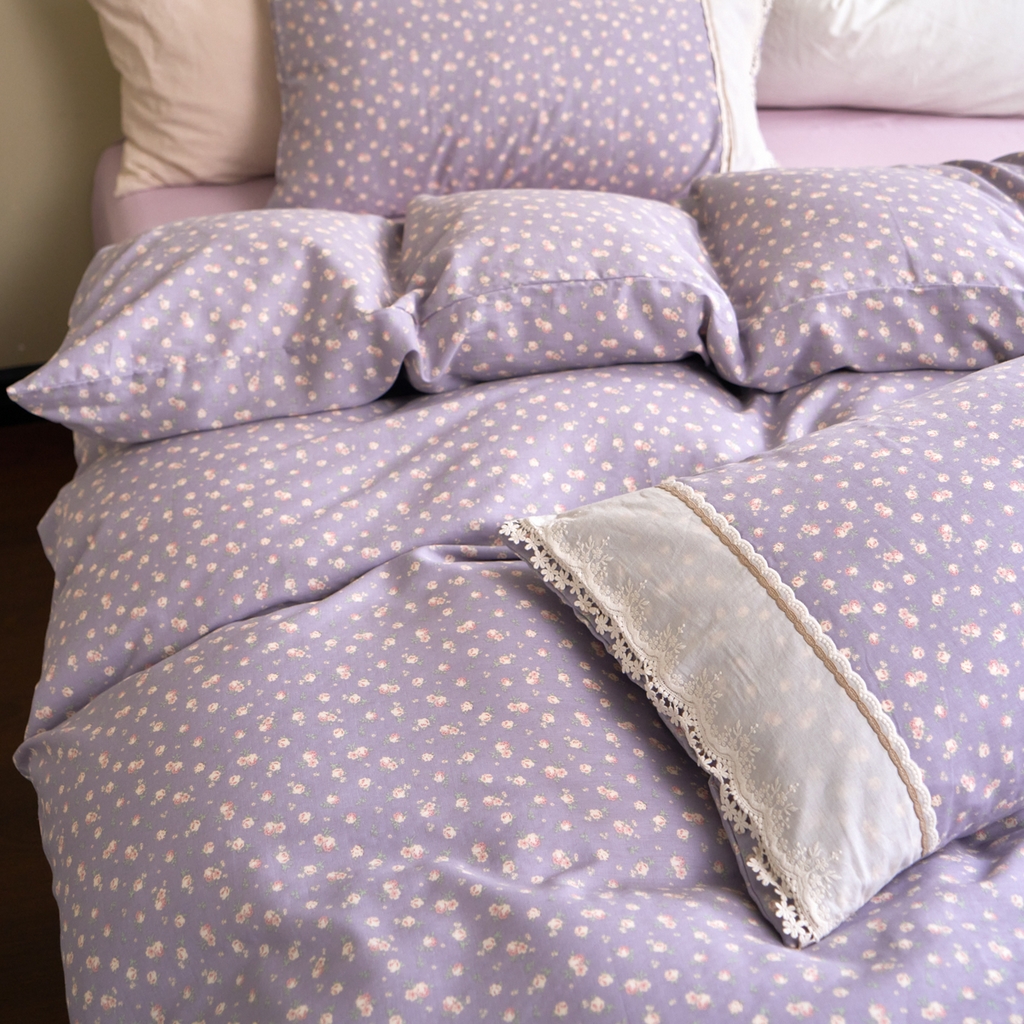 91家纺网 家纺一手货源 找家纺 洋铭区（原狠狠爱） 2026新款全棉纯棉双层纱刺绣蕾丝花边件套 紫花蔓蔓