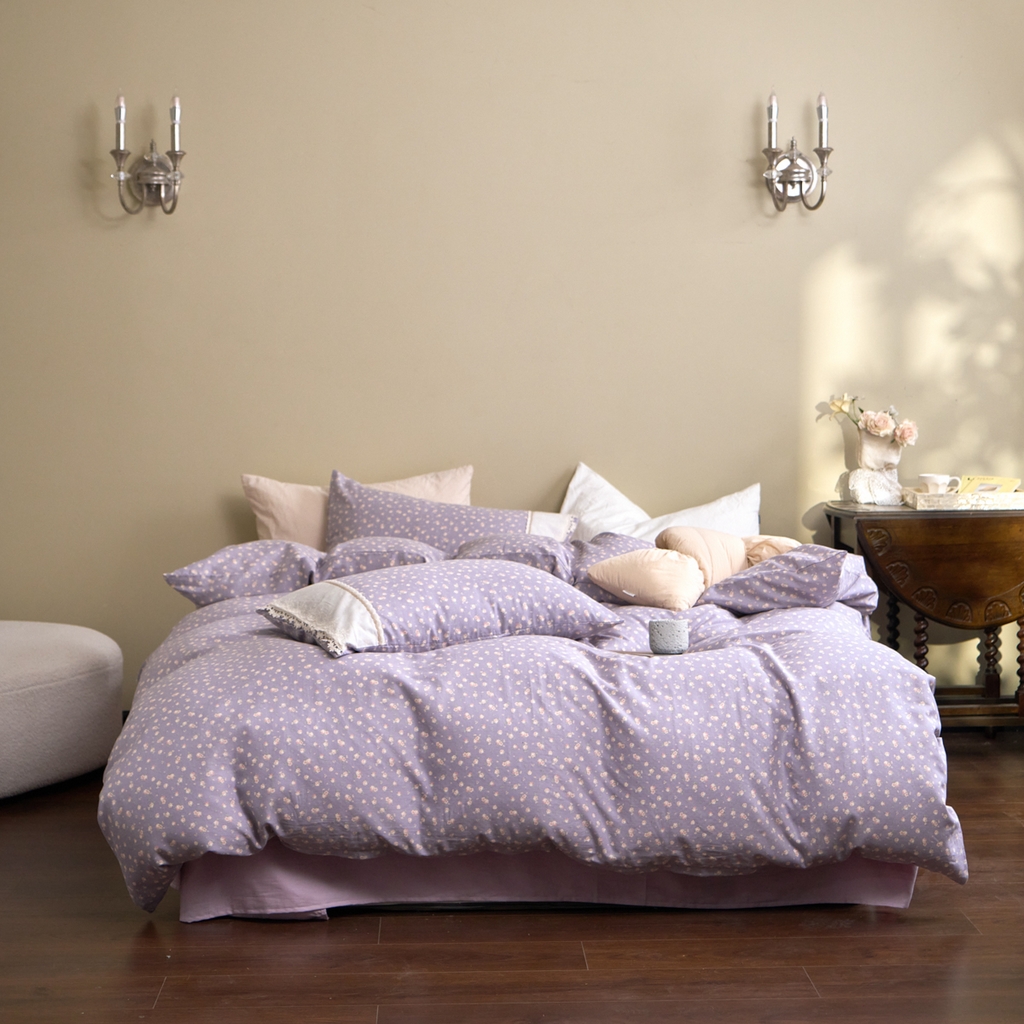 91家纺网 家纺一手货源 找家纺 洋铭区（原狠狠爱） 2026新款全棉纯棉双层纱刺绣蕾丝花边件套 紫花蔓蔓