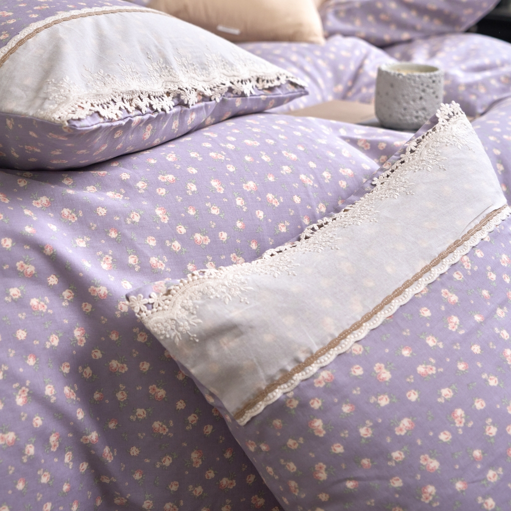 91家纺网 家纺一手货源 找家纺 洋铭区（原狠狠爱） 2026新款全棉纯棉双层纱刺绣蕾丝花边件套 紫花蔓蔓
