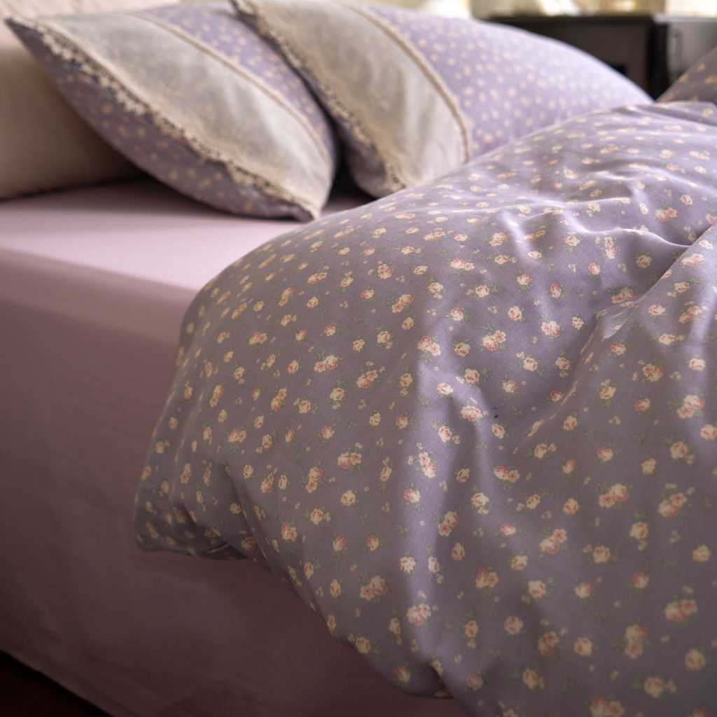 91家纺网 家纺一手货源 找家纺 洋铭区（原狠狠爱） 2026新款全棉纯棉双层纱刺绣蕾丝花边件套 紫花蔓蔓