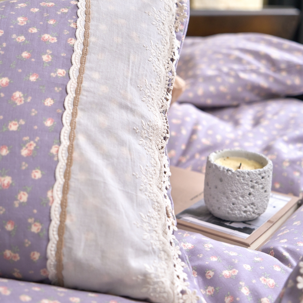 91家纺网 家纺一手货源 找家纺 洋铭区（原狠狠爱） 2026新款全棉纯棉双层纱刺绣蕾丝花边件套 紫花蔓蔓