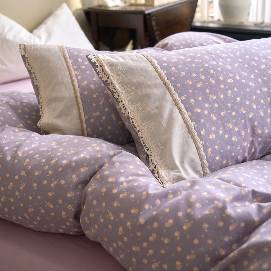 91家纺网 家纺一手货源 找家纺 洋铭区（原狠狠爱） 2026新款全棉纯棉双层纱刺绣蕾丝花边件套 紫花蔓蔓