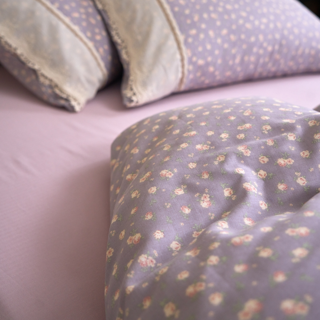 91家纺网 家纺一手货源 找家纺 洋铭区（原狠狠爱） 2026新款全棉纯棉双层纱刺绣蕾丝花边件套 紫花蔓蔓