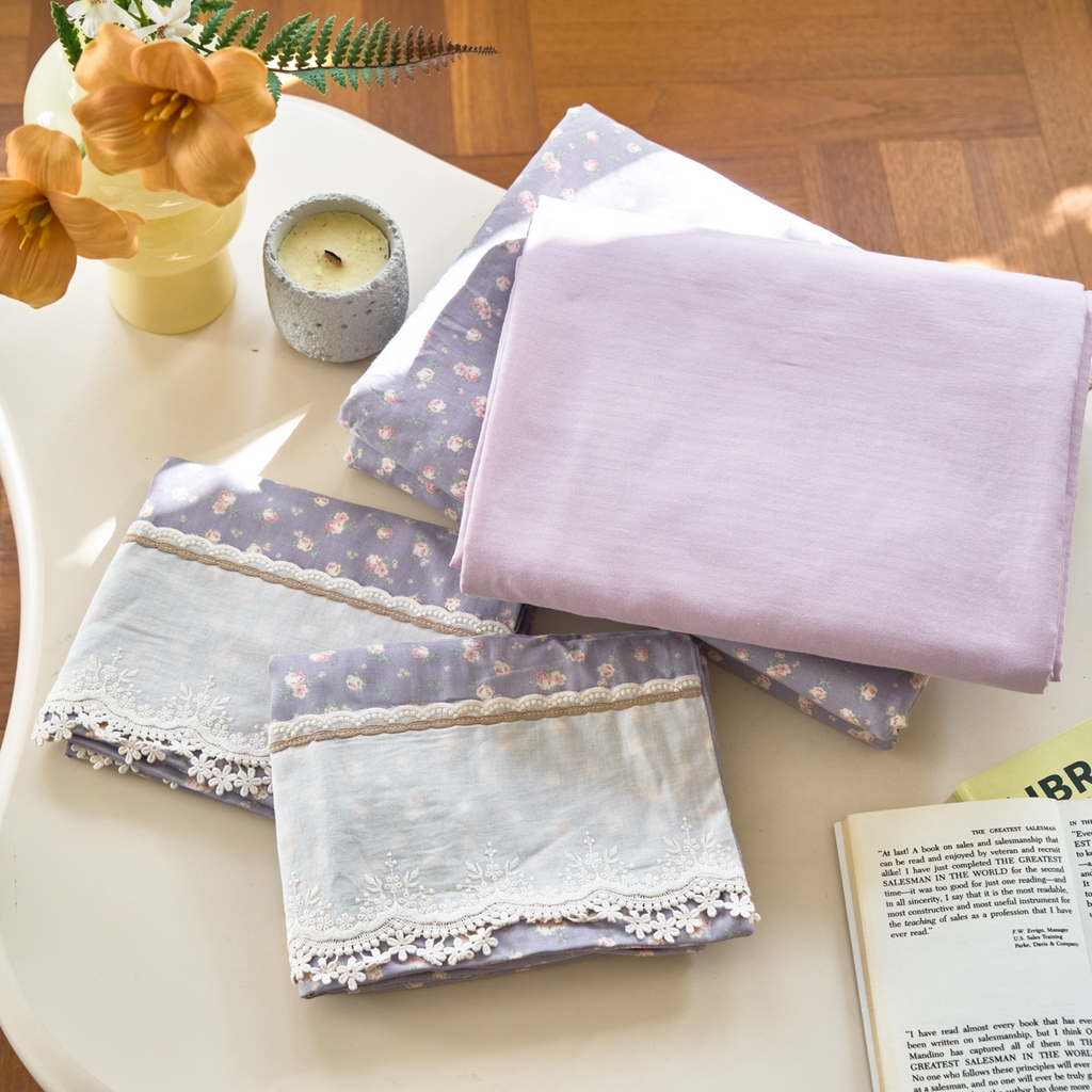 91家纺网 家纺一手货源 找家纺 洋铭区（原狠狠爱） 2026新款全棉纯棉双层纱刺绣蕾丝花边件套 紫花蔓蔓