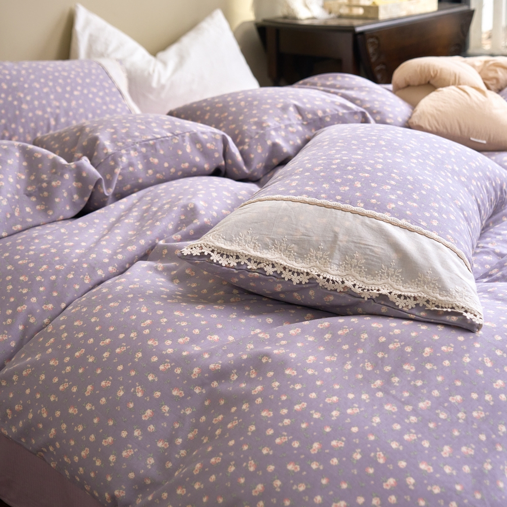 91家纺网 家纺一手货源 找家纺 洋铭区（原狠狠爱） 2026新款全棉纯棉双层纱刺绣蕾丝花边件套 紫花蔓蔓