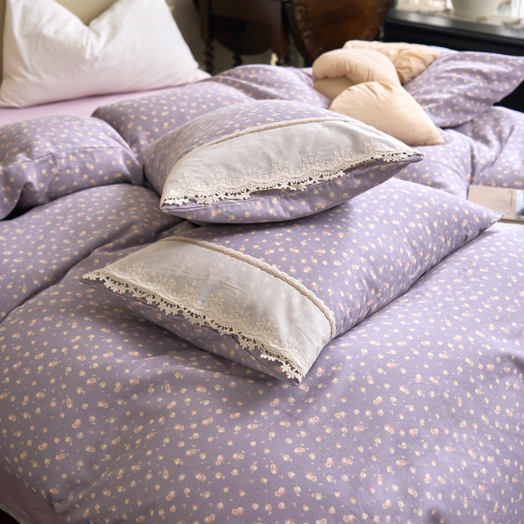 91家纺网 家纺一手货源 找家纺 洋铭区（原狠狠爱） 2026新款全棉纯棉双层纱刺绣蕾丝花边件套 紫花蔓蔓