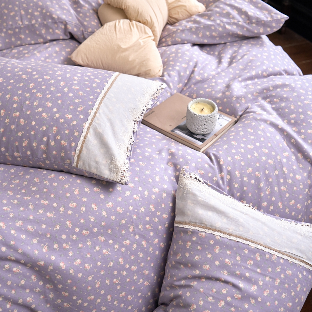 91家纺网 家纺一手货源 找家纺 洋铭区（原狠狠爱） 2026新款全棉纯棉双层纱刺绣蕾丝花边件套 紫花蔓蔓