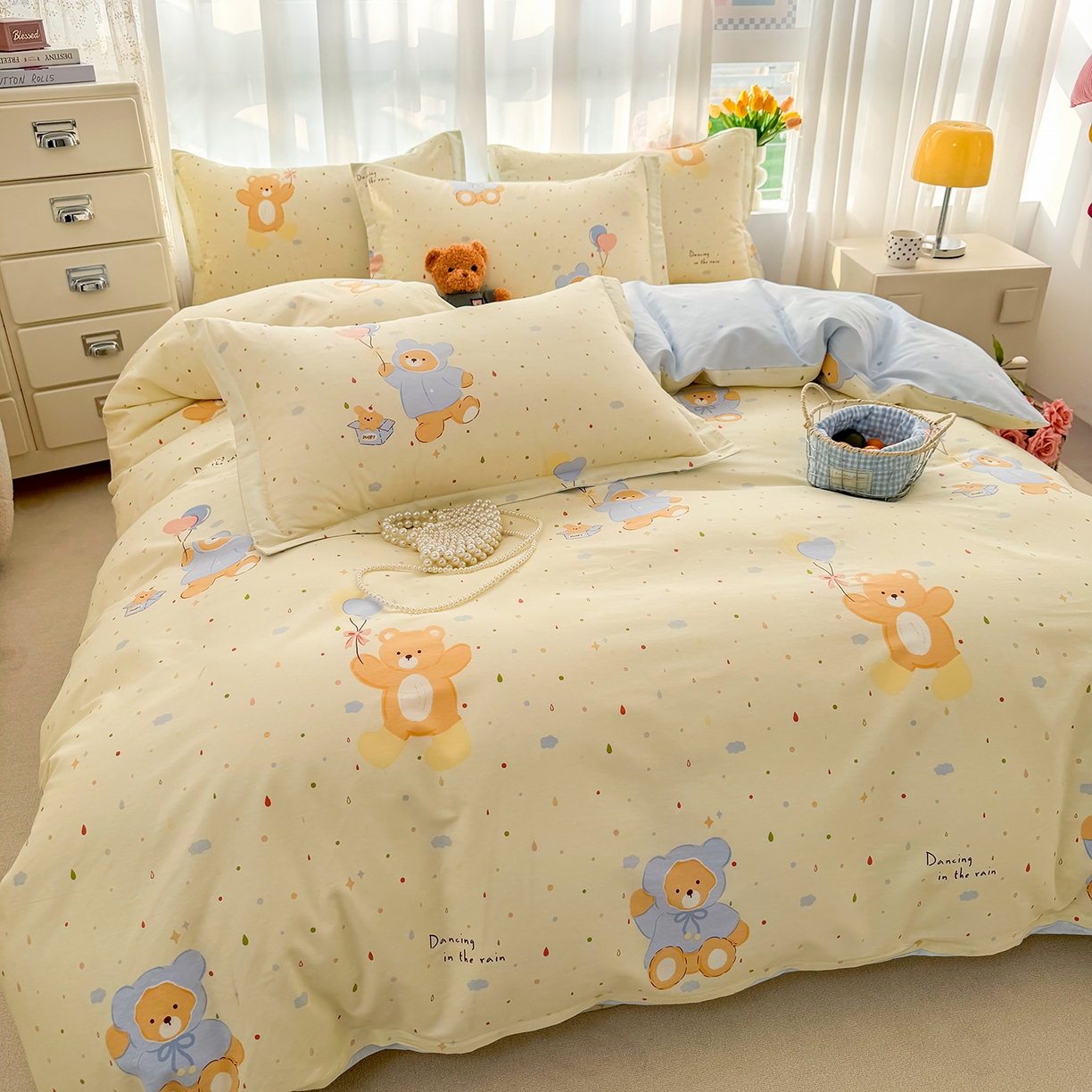 91家纺网 家纺一手货源 找家纺 壹贝家纺 2026新款小清新100%全棉纯棉印花系列被套单件-单被套 软萌小熊