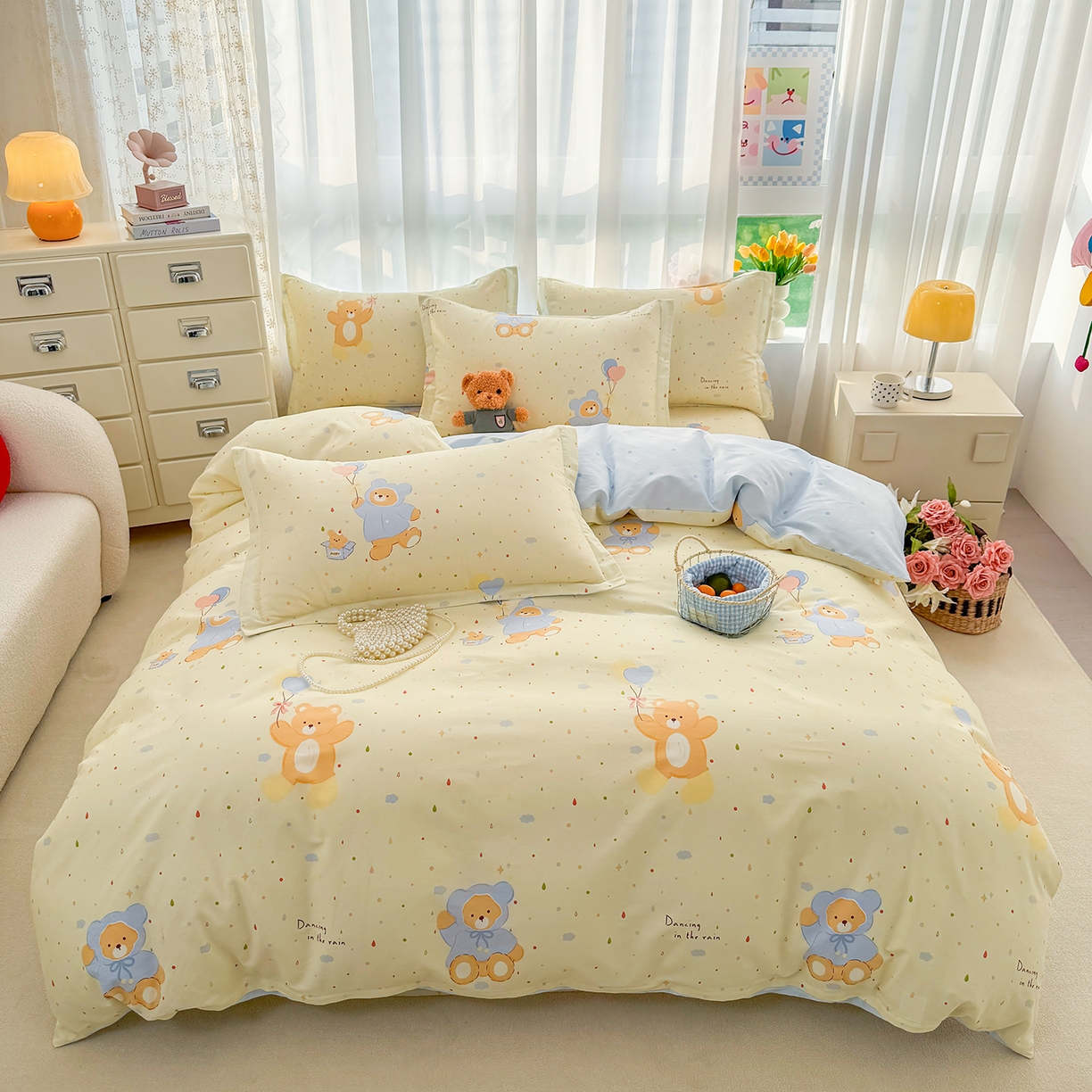 91家纺网 家纺一手货源 找家纺 壹贝家纺 2026新款小清新100%全棉纯棉印花系列被套单件-单被套 软萌小熊