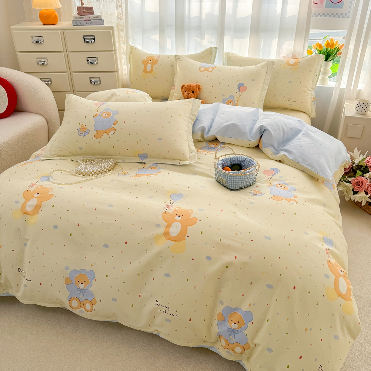 91家纺网 家纺一手货源 找家纺 壹贝家纺 2026新款小清新100%全棉纯棉印花系列被套单件-单被套 软萌小熊