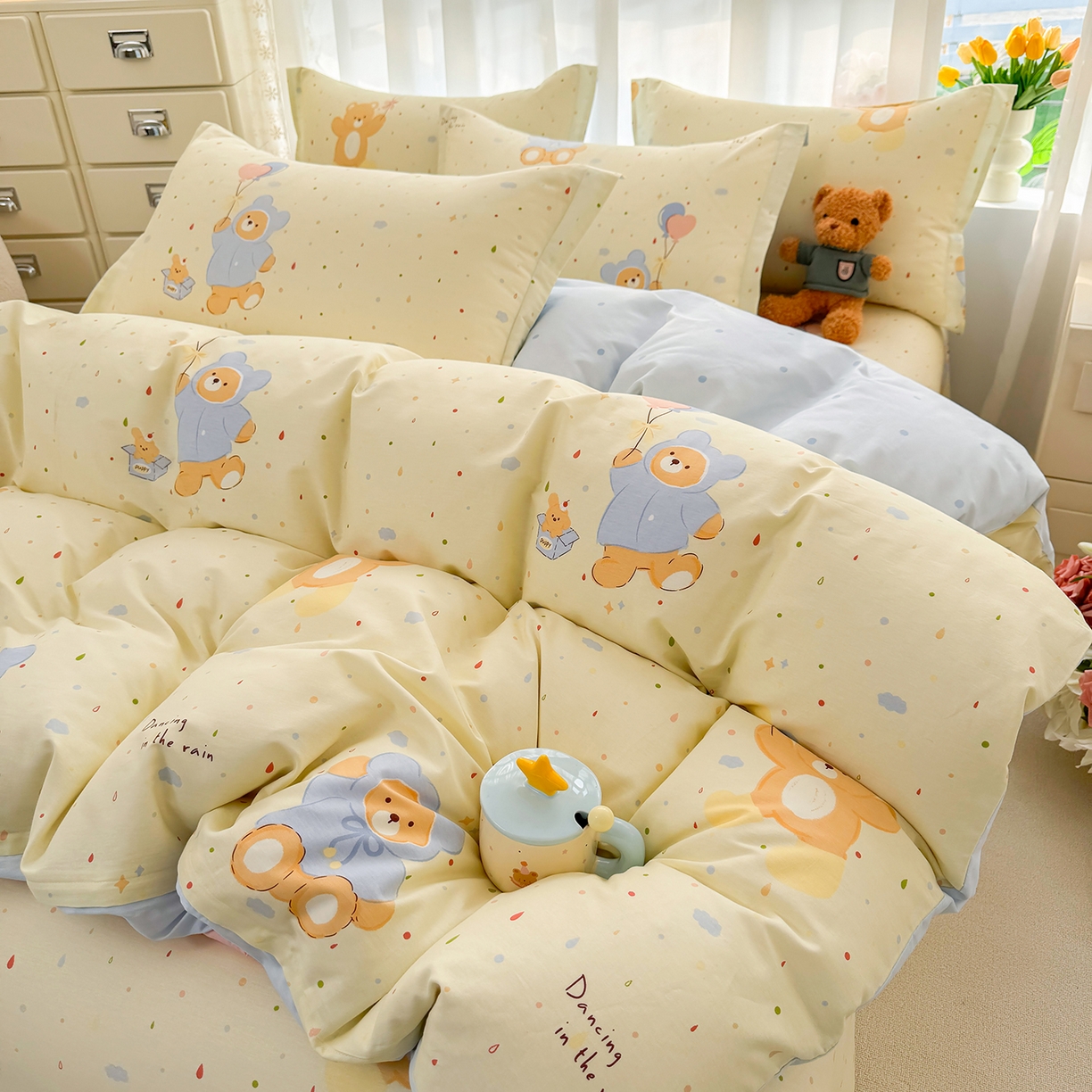 91家纺网 家纺一手货源 找家纺 壹贝家纺 2026新款小清新100%全棉纯棉印花系列被套单件-单被套 软萌小熊