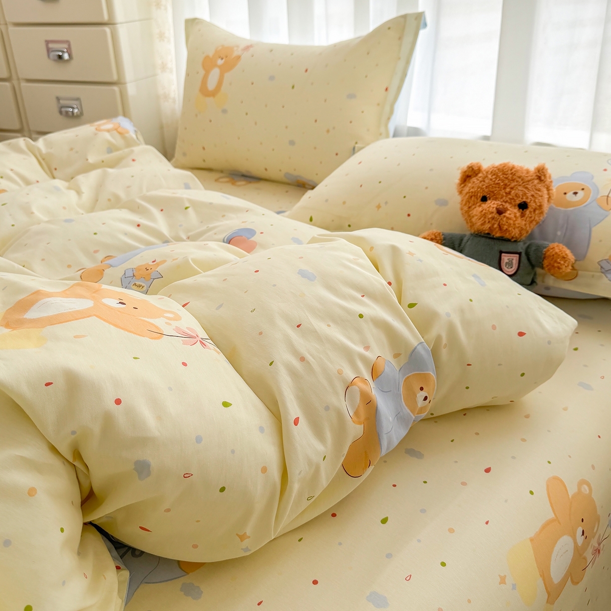 91家纺网 家纺一手货源 找家纺 壹贝家纺 2026新款小清新100%全棉纯棉印花系列被套单件-单被套 软萌小熊