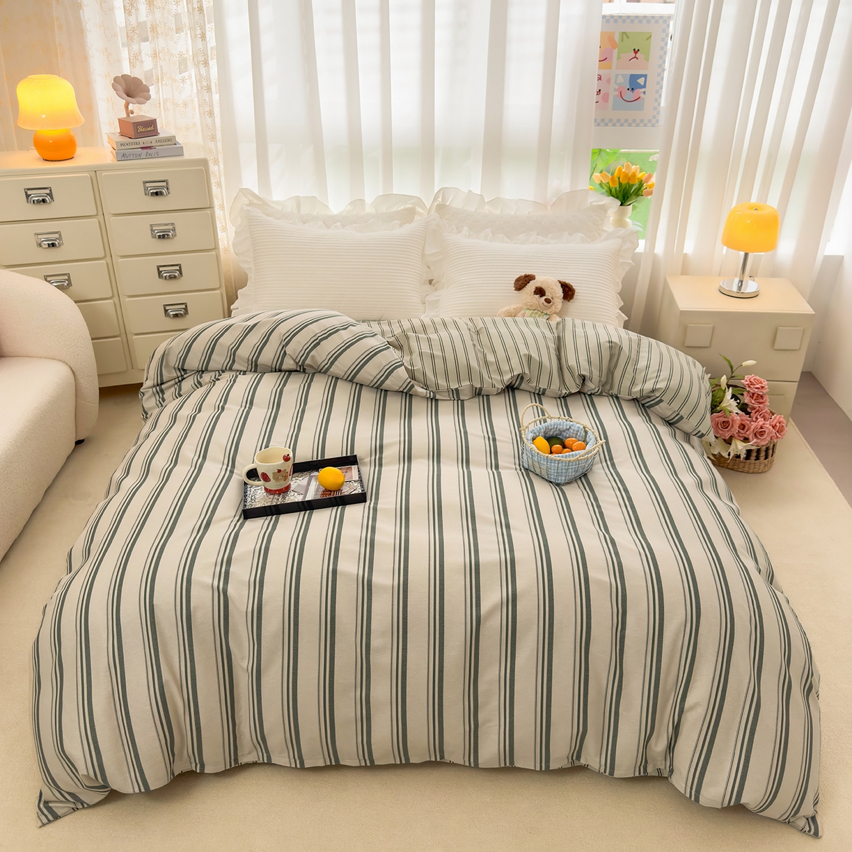 壹贝家纺 2026新款小清新100%全棉纯棉印花系列被套单件-单被套 条纹