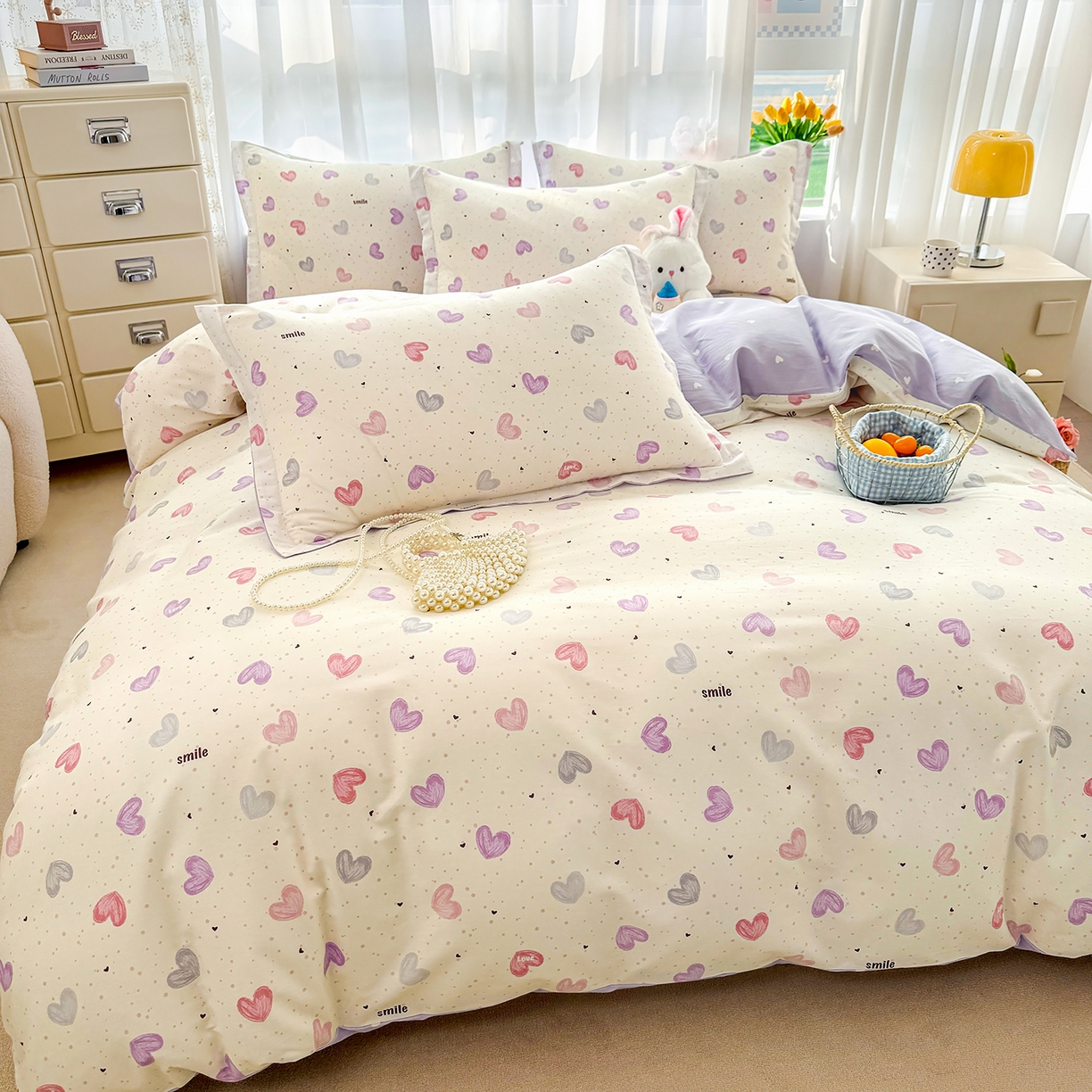 91家纺网 家纺一手货源 找家纺 壹贝家纺 2026新款小清新100%全棉纯棉印花系列被套单件-单被套 心相印