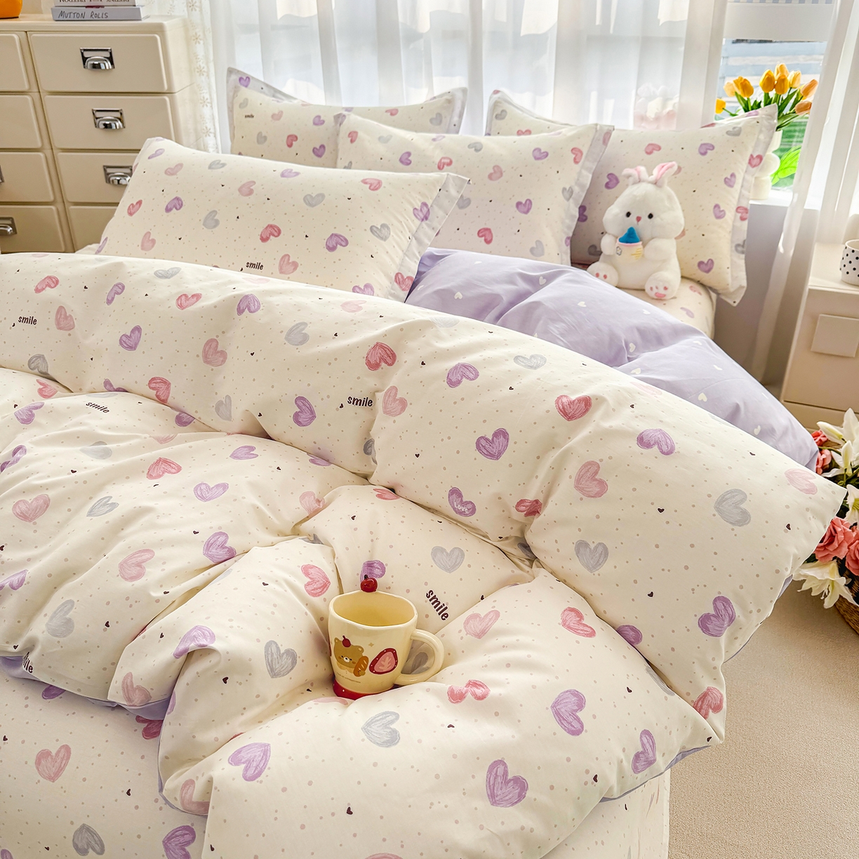 91家纺网 家纺一手货源 找家纺 壹贝家纺 2026新款小清新100%全棉纯棉印花系列被套单件-单被套 心相印