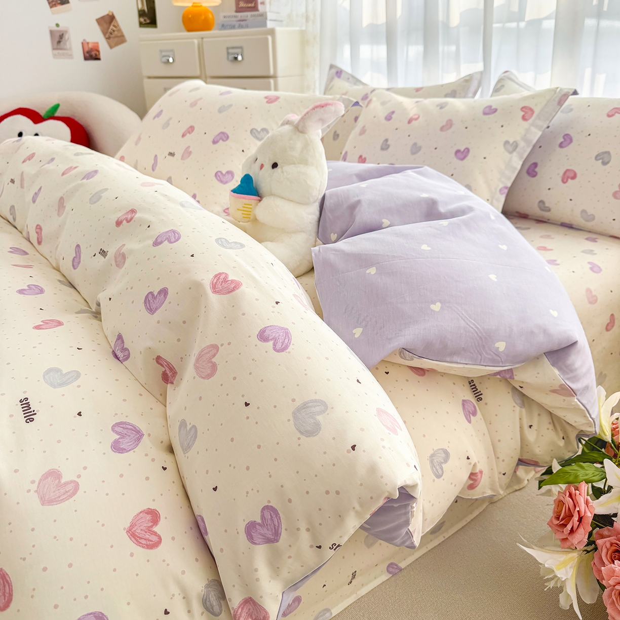 91家纺网 家纺一手货源 找家纺 壹贝家纺 2026新款小清新100%全棉纯棉印花系列被套单件-单被套 心相印