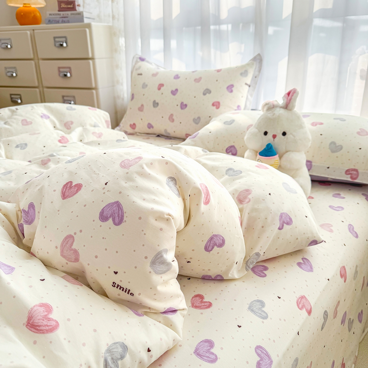 91家纺网 家纺一手货源 找家纺 壹贝家纺 2026新款小清新100%全棉纯棉印花系列被套单件-单被套 心相印