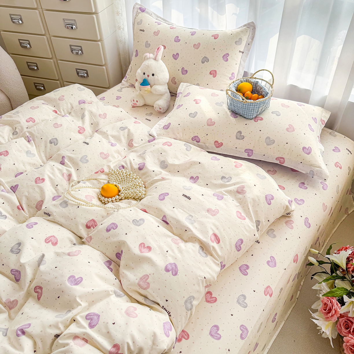 91家纺网 家纺一手货源 找家纺 壹贝家纺 2026新款小清新100%全棉纯棉印花系列被套单件-单被套 心相印